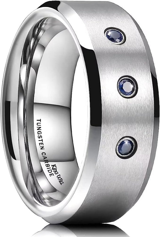 Genuine Carbide Tungsten Color:  8mm Three Blue Cubic-Zirconia stones Eternity Ring suitable for both Men and Women two tone Cubic Zircon style Gorgeous Stunning RING Polished Shiny Comfort Fit Wedding Band Size Size 6-15