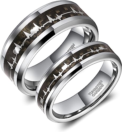 Genuine Carbide Tungsten Color: SILVER/BROWN EKG Heartbeat two rings for a matching set. 6mm ring is women, 8mm ring is for men Gorgeous Stunning Polished Shiny Comfort Fit Wedding Band Size Size 6-15