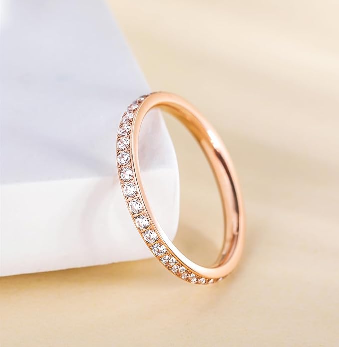 Genuine Titanium Rose Gold  2mm Wide Ring Cubic Zirconia Eternity High Polished Comfort Fit.