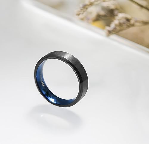 Genuine Titanium Black Brushed Blue 6mm Wide Ring Wedding Band High Polished Comfort Fit.