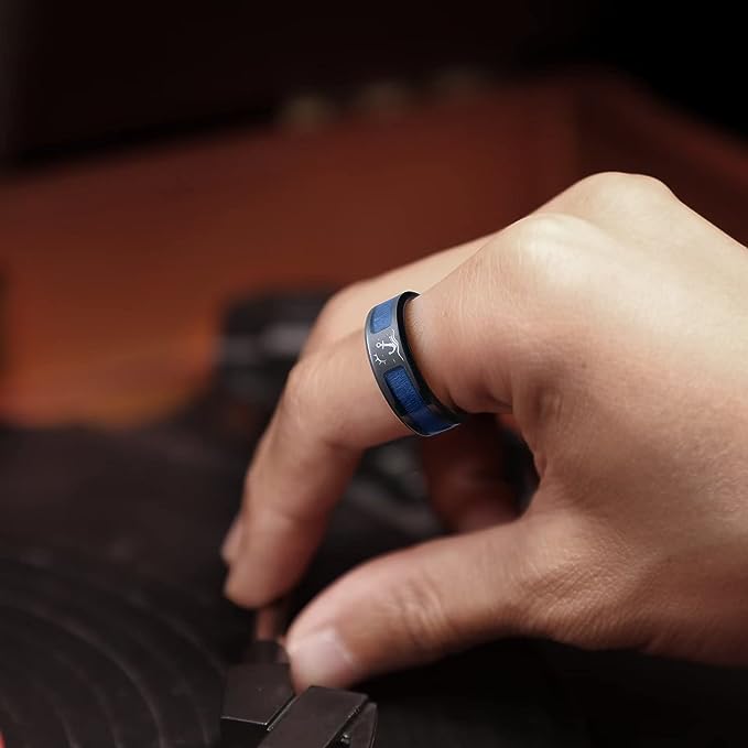 Genuine Titanium Black 8mm Wide Ring Sun Seagulls Blue Maple Wood inlay High Polished Comfort Fit.