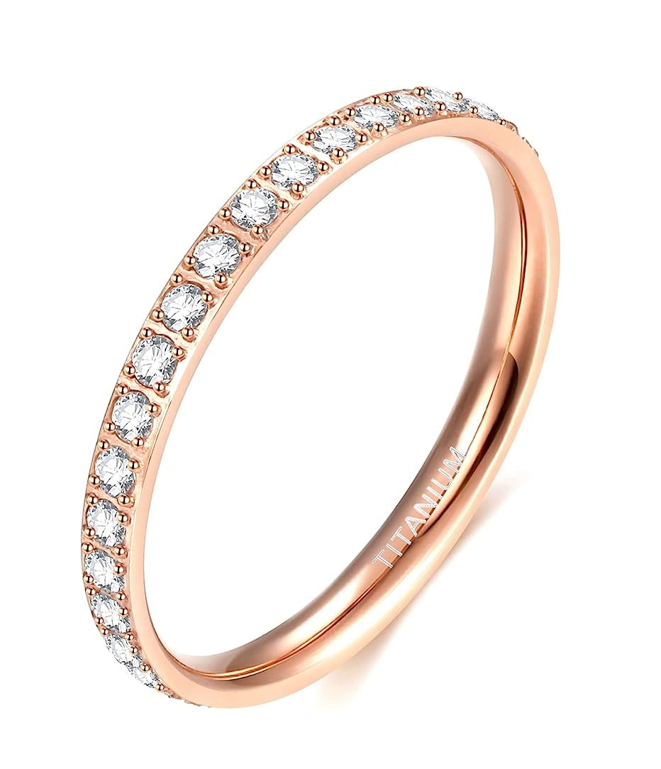 Genuine Titanium Rose Gold  2mm Wide Ring Cubic Zirconia Eternity High Polished Comfort Fit.