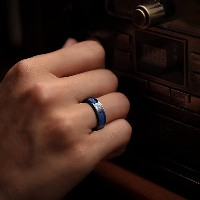 Genuine Titanium Black 8mm Wide Ring Sun Seagulls Blue Maple Wood inlay High Polished Comfort Fit.