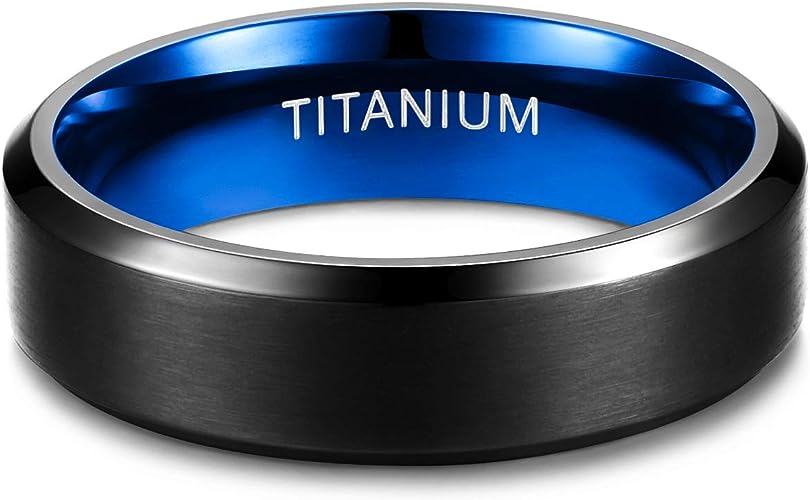 Genuine Titanium Black Brushed Blue 6mm Wide Ring Wedding Band High Polished Comfort Fit.