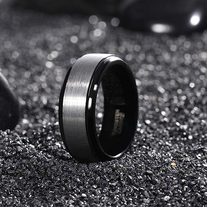 Genuine Carbide Tungsten Color: BLACK/SILVER Brushed 8mm RING Polished Shiny Comfort Fit Wedding Band Size 6-15