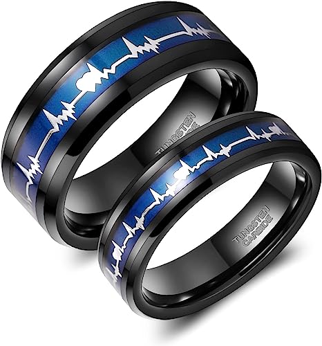 Genuine Carbide Tungsten Color: BLACK BLUE EKG Heartbeat two rings for a matching set. 6mm ring is women, 8mm ring is for men Gorgeous Stunning Polished Shiny Comfort Fit Wedding Band Size Size 6-15