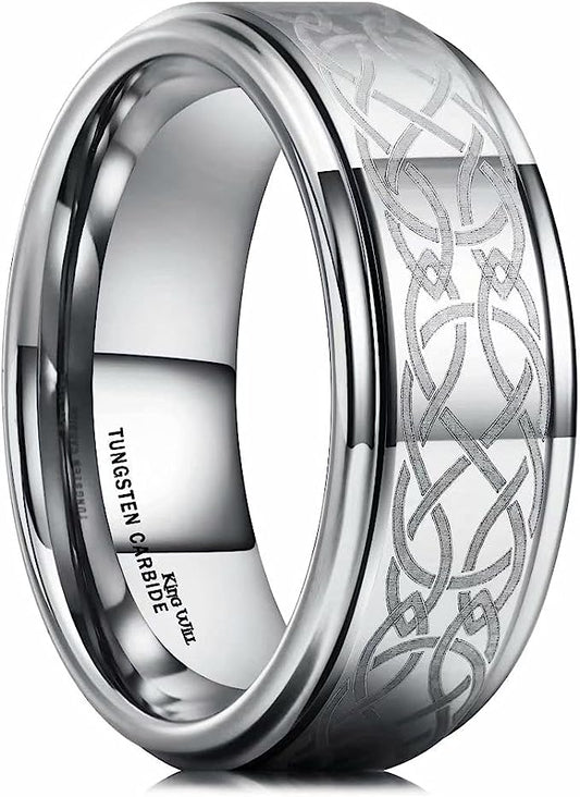 Genuine Carbide Tungsten Color: Silver Laser Celtic Knot Dragon Edge  8mm RING Polished Shiny Comfort Fit Wedding Band Size Size 6-15