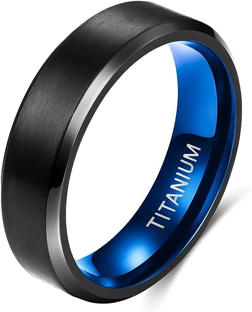 Genuine Titanium Black Brushed Blue 6mm Wide Ring Wedding Band High Polished Comfort Fit.