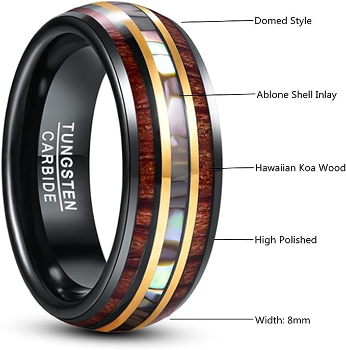 Genuine Carbide Tungsten Color: 8mm RING Abalone Shell & Koa Wood   Silver Inner high polished inner-face design smooth and shiny. Comfort Fit Wedding Band Size 6-15