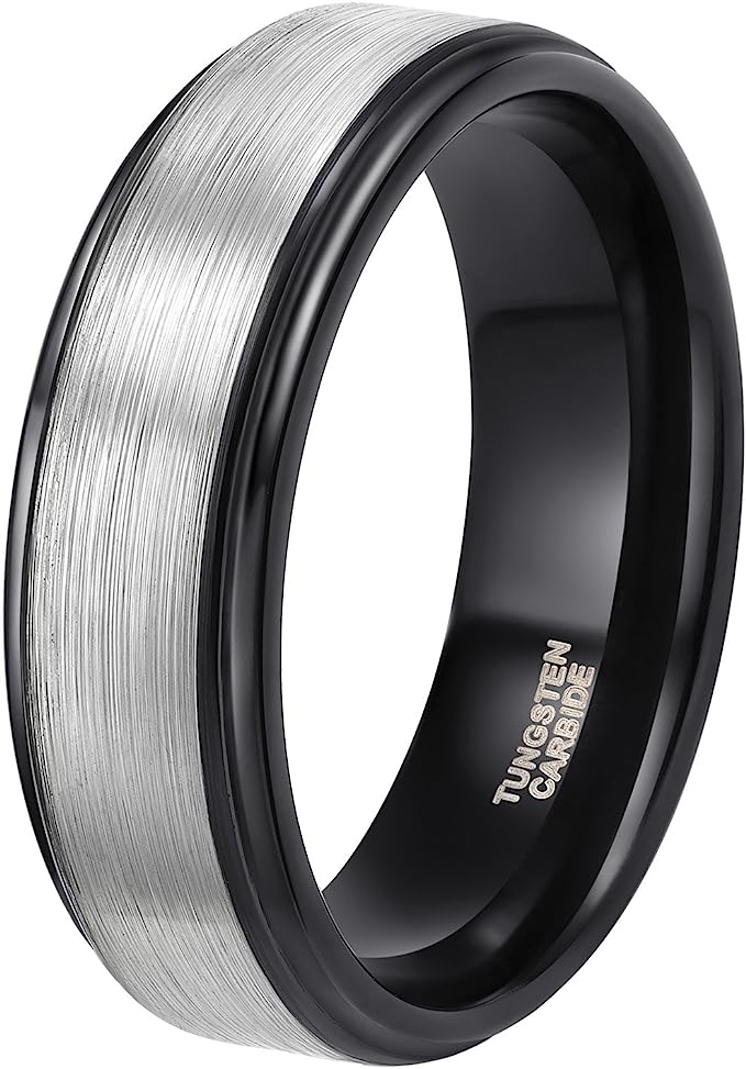 Genuine Carbide Tungsten Color: BLACK/SILVER Brushed 8mm RING Polished Shiny Comfort Fit Wedding Band Size 6-15