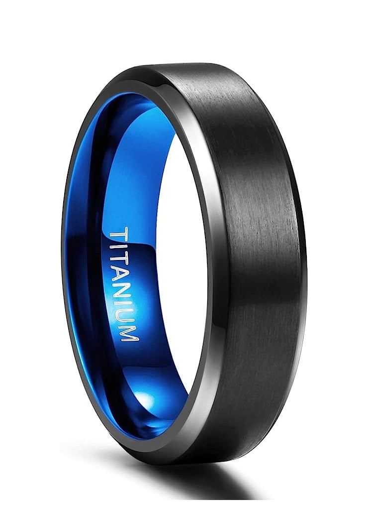 Genuine Titanium Black Brushed Blue 6mm Wide Ring Wedding Band High Polished Comfort Fit.