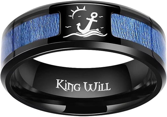 Genuine Titanium Black 8mm Wide Ring Sun Seagulls Blue Maple Wood inlay High Polished Comfort Fit.