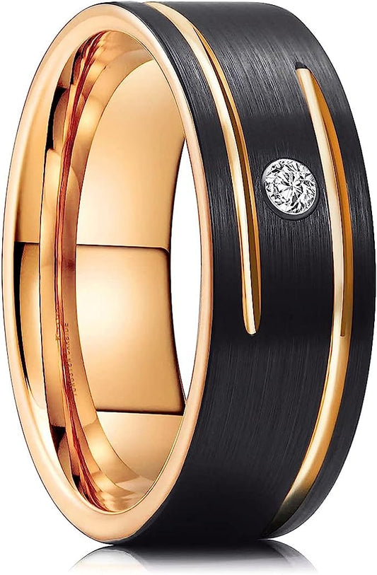 Genuine Carbide Tungsten Color:  8mm wide black gold Tungsten Ring suitable for both Men and Women two tone Cubic Zircon style Gorgeous Stunning RING Polished Shiny Comfort Fit Wedding Band Size Size 6-15