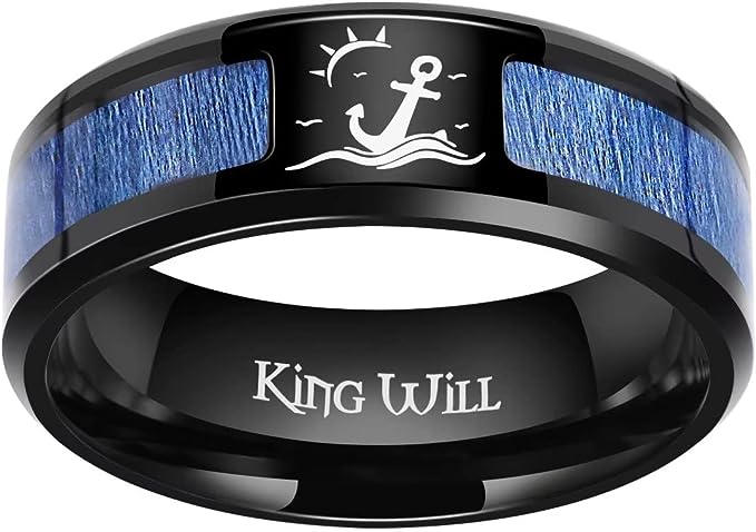 Genuine Titanium Black 8mm Wide Ring Sun Seagulls Blue Maple Wood inlay High Polished Comfort Fit.
