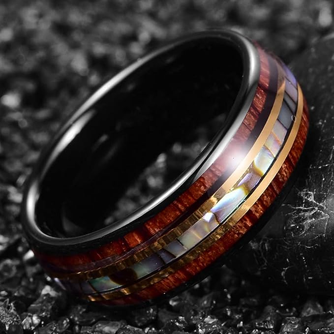 Genuine Carbide Tungsten Color: 8mm RING Abalone Shell & Koa Wood   Silver Inner high polished inner-face design smooth and shiny. Comfort Fit Wedding Band Size 6-15