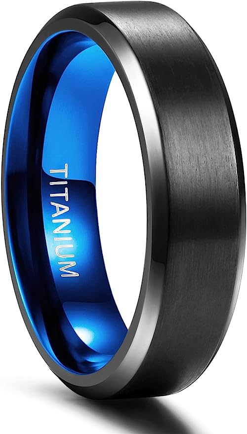 Genuine Titanium Black Brushed Blue 6mm Wide Ring Wedding Band High Polished Comfort Fit.