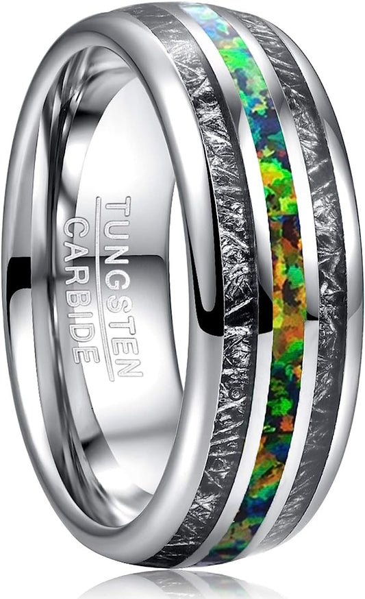 Genuine Carbide Tungsten Color: Silver 8mm Gorgeous opal fragments and unique imitated meteorite inlay set on the beautiful Silver Inner high polished inner-face design smooth and shiny. Comfort Fit Wedding Band Size 6-15