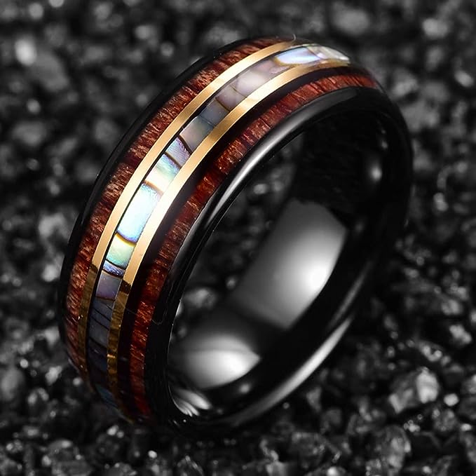 Genuine Carbide Tungsten Color: 8mm RING Abalone Shell & Koa Wood   Silver Inner high polished inner-face design smooth and shiny. Comfort Fit Wedding Band Size 6-15