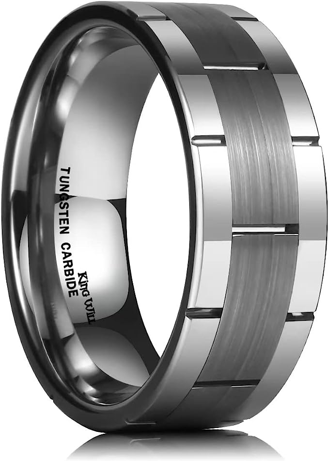 8mm Genuine Tungsten Carbide 8mm, silver polished, inner ring Silver, shining finish, Brick Pattern Groove Center Surface Brushed Finish Comfort Fit wedding band Size 6-15