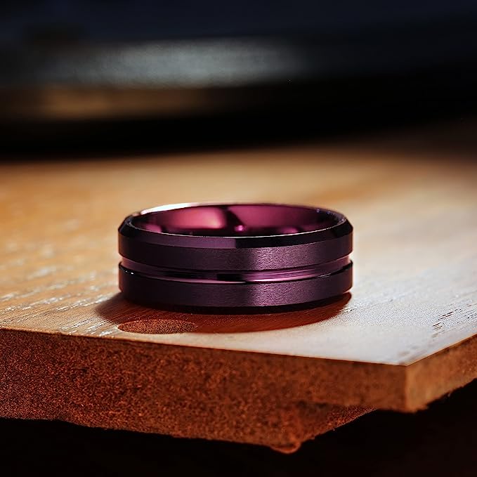 Genuine Carbide Tungsten Color: 8mm Wine Purple Groove Line center Brushed Surface and high polished inner-face design smooth and shiny. band is So elegant! Comfort Fit Wedding Band Size 6-15