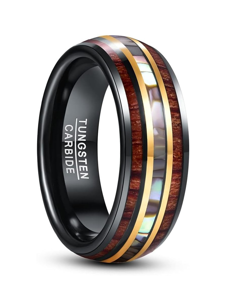 Genuine Carbide Tungsten Color: 8mm RING Abalone Shell & Koa Wood   Silver Inner high polished inner-face design smooth and shiny. Comfort Fit Wedding Band Size 6-15