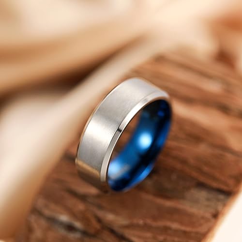 Genuine Titanium Silver Brushed Blue 8mm Wide Ring Wedding Band High Polished Comfort Fit.