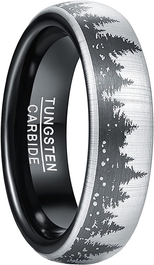 Genuine Carbide Tungsten Color: BLACK/SILVER 6mm with Laser engraving laser fir tree pattern on the surface Lasered Gorgeous Stunning Polished Shiny Comfort Fit Wedding Band Size Size 6-15