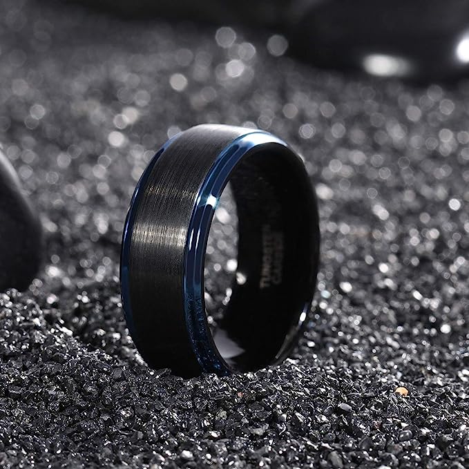 Genuine Carbide Tungsten Color: BLUE/BLACK Brushed 8mm RING Polished Shiny Comfort Fit Wedding Band Size 6-15