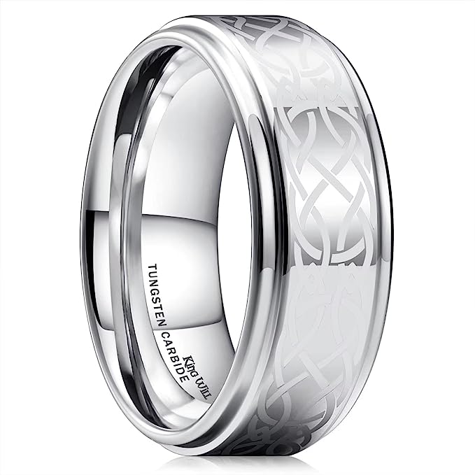 Genuine Carbide Tungsten Color: BLUE Silver Laser Celtic Knot Dragon Edge  8mm RING Polished Shiny Comfort Fit Wedding Band Size Size 6-15