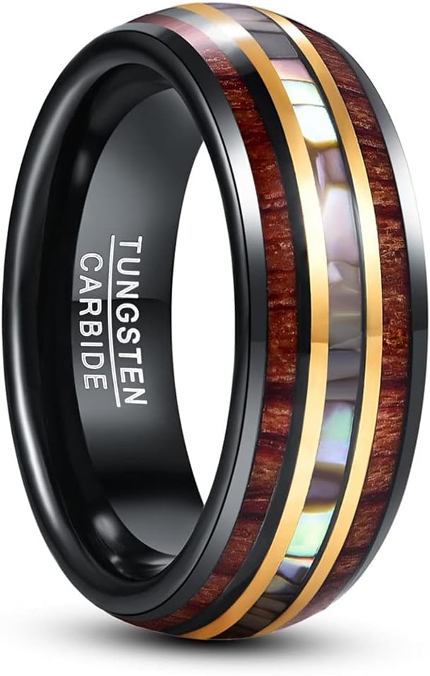 Genuine Carbide Tungsten Color: 8mm RING Abalone Shell & Koa Wood   Silver Inner high polished inner-face design smooth and shiny. Comfort Fit Wedding Band Size 6-15