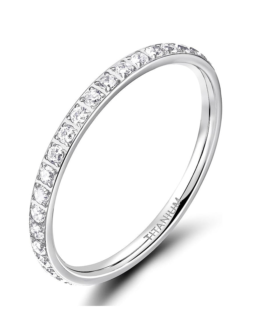 Genuine Titanium Silver 2mm Wide Ring Cubic Zirconia Eternity High Polished Comfort Fit.