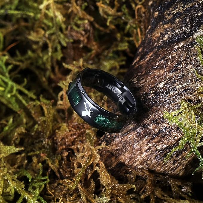 Genuine Titanium Black 8mm Wide Ring Green Maple Wood inlay High Polished Comfort Fit.