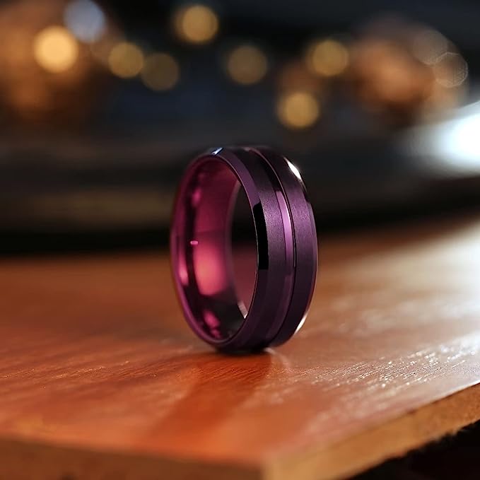 Genuine Carbide Tungsten Color: 8mm Wine Purple Groove Line center Brushed Surface and high polished inner-face design smooth and shiny. band is So elegant! Comfort Fit Wedding Band Size 6-15