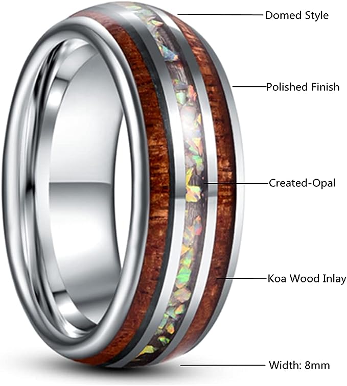 Genuine Carbide Tungsten Color: 8mm RING Opal & Koa Wood Silver Inner high polished inner-face design smooth and shiny. Comfort Fit Wedding Band Size 6-15