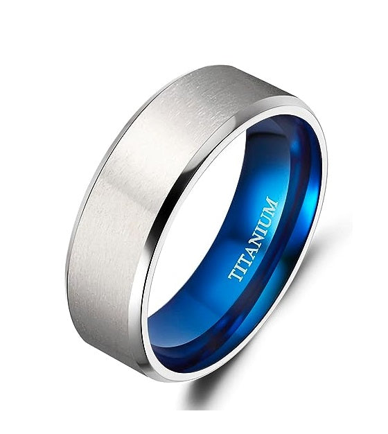 Genuine Titanium Silver Brushed Blue 8mm Wide Ring Wedding Band High Polished Comfort Fit.