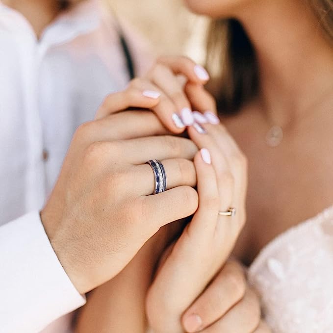 Genuine Carbide Tungsten Color: Silver 8mm imitation meteorite inlaid in the center and lapis lazuli on both sides, Silver Inner high polished inner-face design smooth and shiny. Comfort Fit Wedding Band Size 6-15