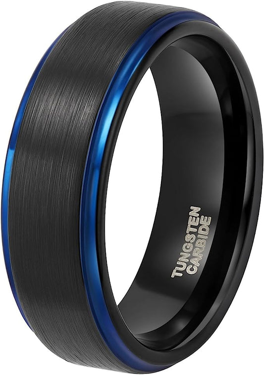 Genuine Carbide Tungsten Color: BLUE/BLACK Brushed 8mm RING Polished Shiny Comfort Fit Wedding Band Size 6-15