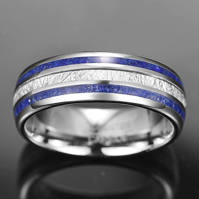 Genuine Carbide Tungsten Color: Silver 8mm imitation meteorite inlaid in the center and lapis lazuli on both sides, Silver Inner high polished inner-face design smooth and shiny. Comfort Fit Wedding Band Size 6-15