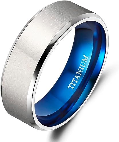 Genuine Titanium Silver Brushed Blue 8mm Wide Ring Wedding Band High Polished Comfort Fit.