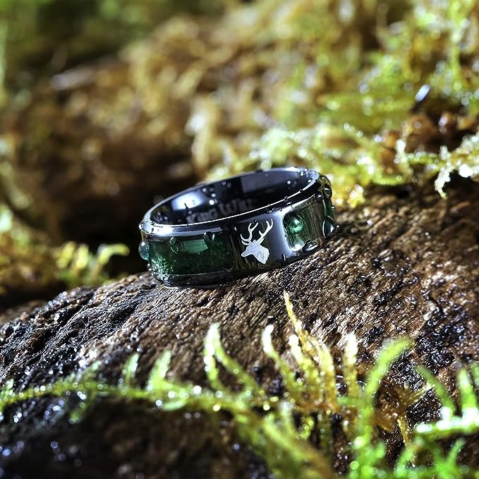 Genuine Titanium Black 8mm Wide Ring Green Maple Wood inlay High Polished Comfort Fit.