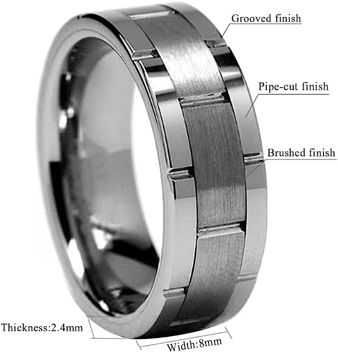 8mm Genuine Tungsten Carbide 8mm, silver polished, inner ring Silver, shining finish, Brick Pattern Groove Center Surface Brushed Finish Comfort Fit wedding band Size 6-15