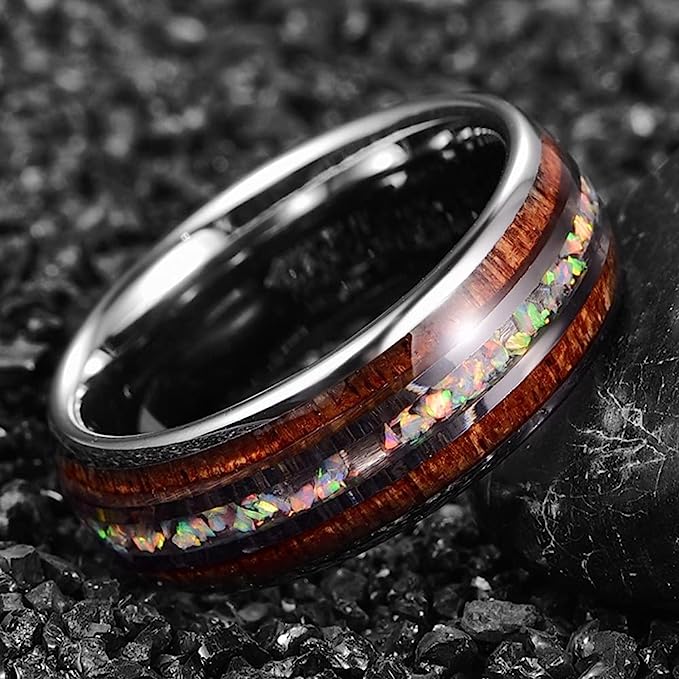 Genuine Carbide Tungsten Color: 8mm RING Opal & Koa Wood Silver Inner high polished inner-face design smooth and shiny. Comfort Fit Wedding Band Size 6-15