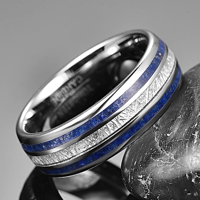 Genuine Carbide Tungsten Color: Silver 8mm imitation meteorite inlaid in the center and lapis lazuli on both sides, Silver Inner high polished inner-face design smooth and shiny. Comfort Fit Wedding Band Size 6-15