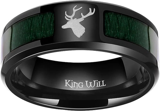 Genuine Titanium Black 8mm Wide Ring Green Maple Wood inlay High Polished Comfort Fit.