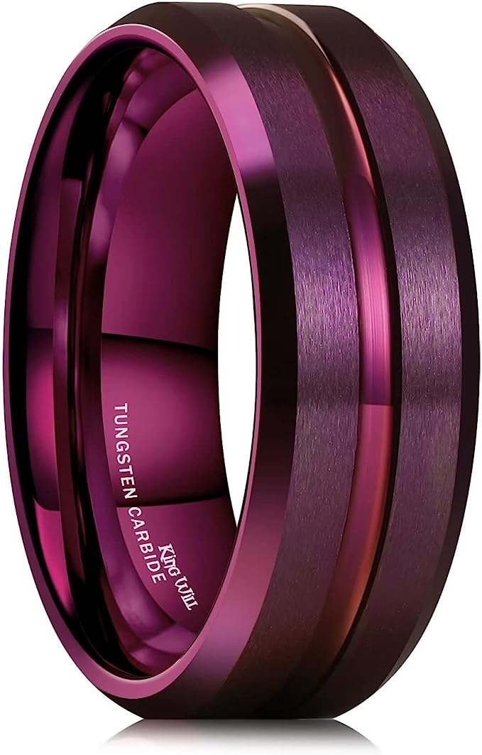 Genuine Carbide Tungsten Color: 8mm Wine Purple Groove Line center Brushed Surface and high polished inner-face design smooth and shiny. band is So elegant! Comfort Fit Wedding Band Size 6-15