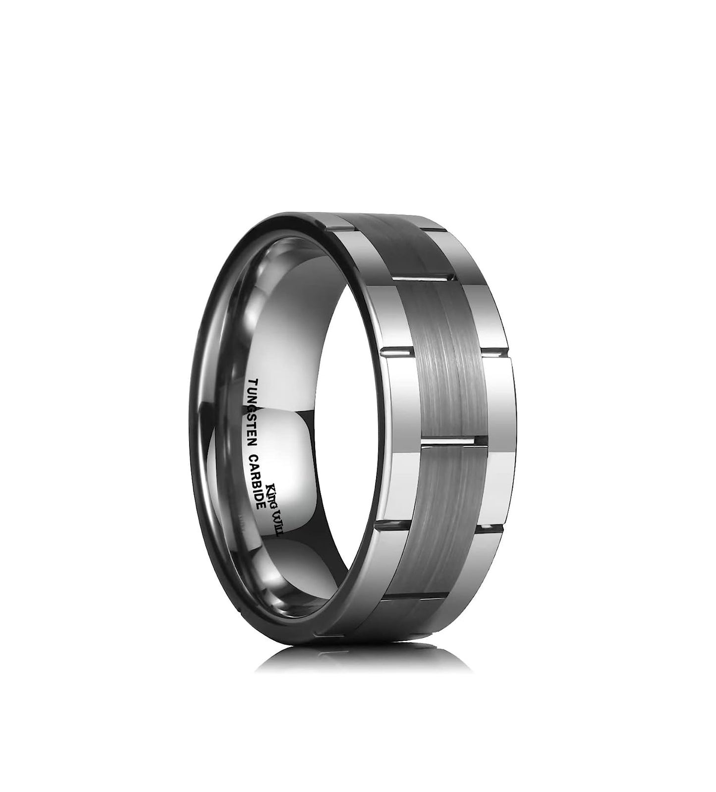 8mm Genuine Tungsten Carbide 8mm, silver polished, inner ring Silver, shining finish, Brick Pattern Groove Center Surface Brushed Finish Comfort Fit wedding band Size 6-15