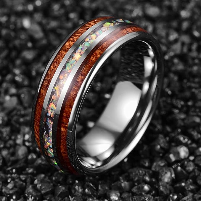 Genuine Carbide Tungsten Color: 8mm RING Opal & Koa Wood Silver Inner high polished inner-face design smooth and shiny. Comfort Fit Wedding Band Size 6-15