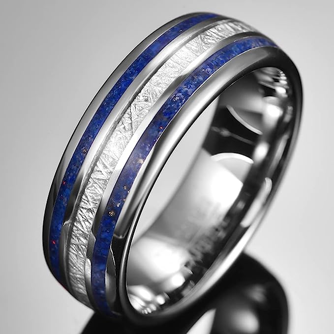 Genuine Carbide Tungsten Color: Silver 8mm imitation meteorite inlaid in the center and lapis lazuli on both sides, Silver Inner high polished inner-face design smooth and shiny. Comfort Fit Wedding Band Size 6-15