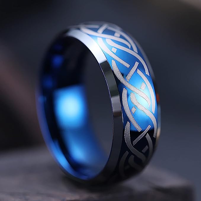 Genuine Carbide Tungsten Color: BLUE Silver Laser Celtic Knot Dragon 8mm RING Polished Shiny Comfort Fit Wedding Band Size Size 6-15