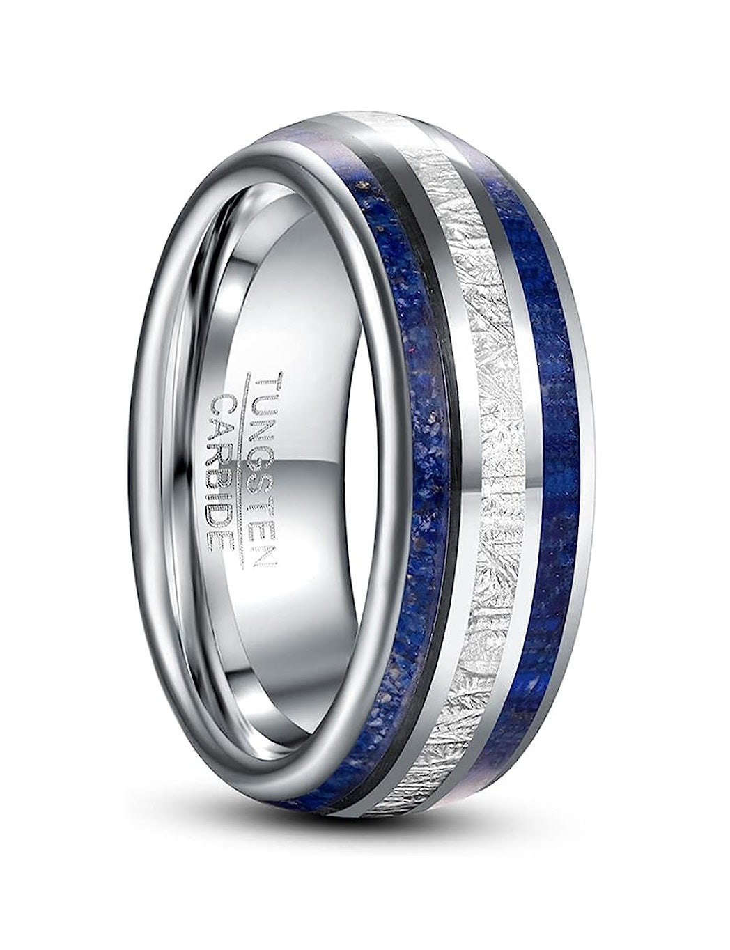 Genuine Carbide Tungsten Color: Silver 8mm imitation meteorite inlaid in the center and lapis lazuli on both sides, Silver Inner high polished inner-face design smooth and shiny. Comfort Fit Wedding Band Size 6-15